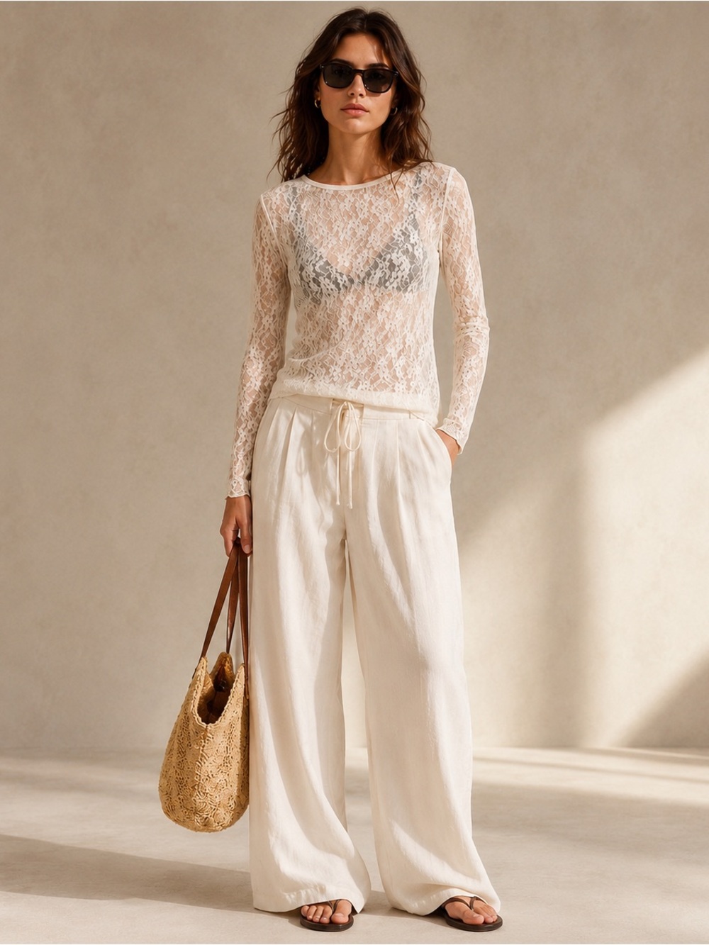 Aritzia Wilfred Cream Floral Lace‎ Long Sleeve Sheer Top L NWOT